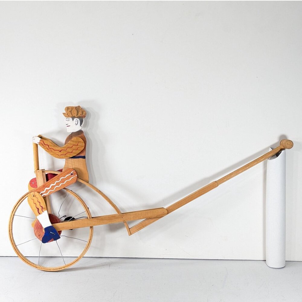 Vintage Cyclist Unicycle wooden push toy with bell, hand made and painted